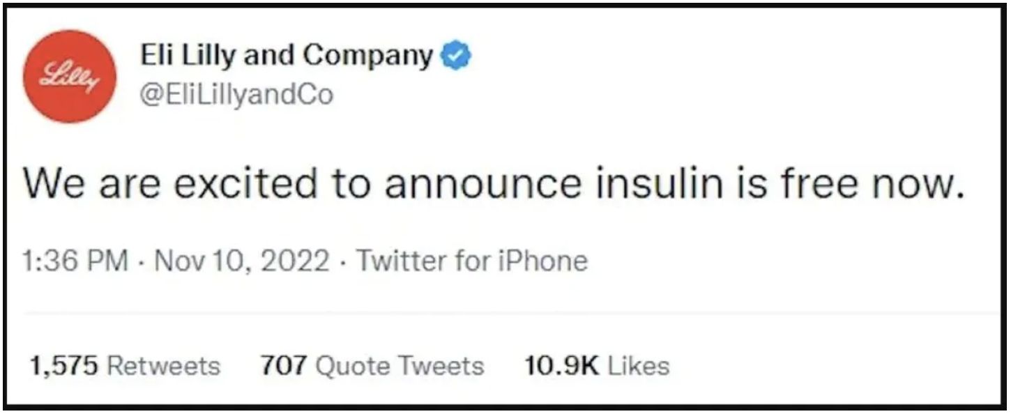 Tweet from @EliLillyandCo reading "We are excited to announce insulin is free now." 