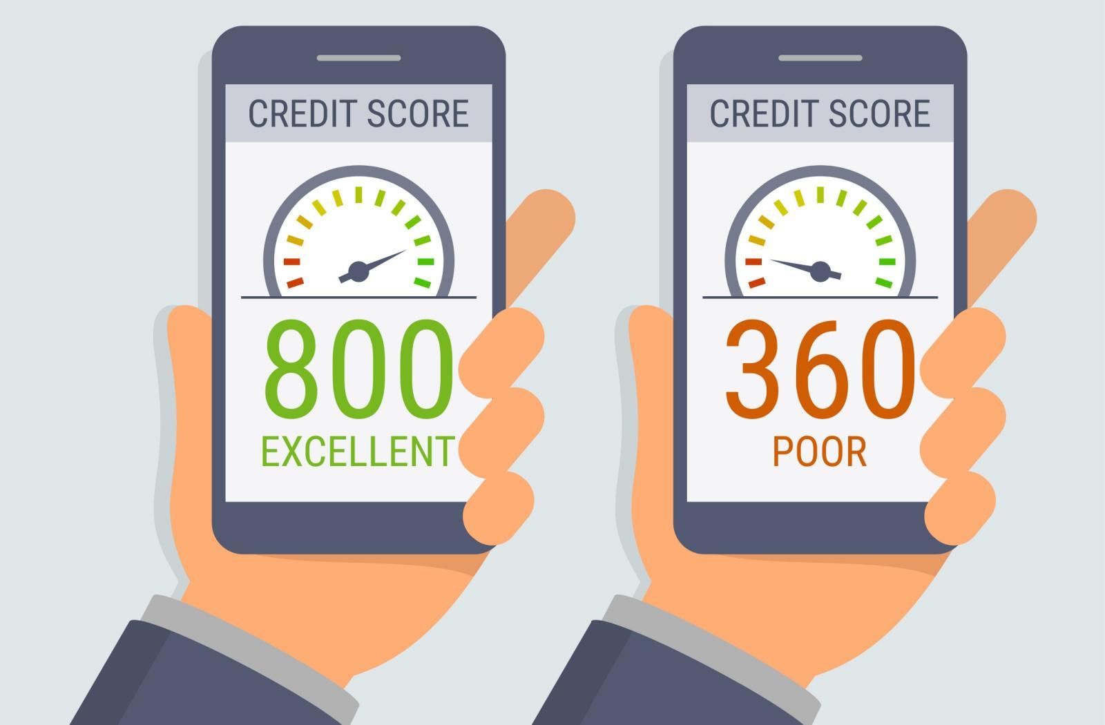 two people holding their phones, analyzing their credit scores. one phone shows a credit score of 800, the other shows a credit score of 360
