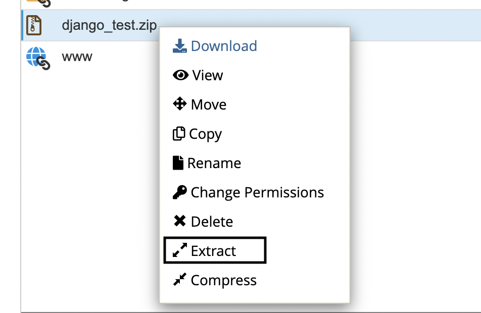 A contextual menu in a file management interface showing options for a selected file named 'django_test.zip'. Options include 'Download', 'View', 'Move', 'Copy', 'Rename', 'Change Permissions', 'Delete', with 'Extract' highlighted, and 'Compress'.