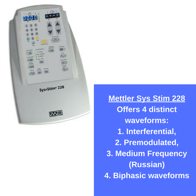 Mettler Sys Stim 228 Neuromuscular Stimulator Features:  Easy to carry with built-in handles, 4 electrical stimulation waveforms, Easy to navigate user interface with bright color LED display 2 independent timers.