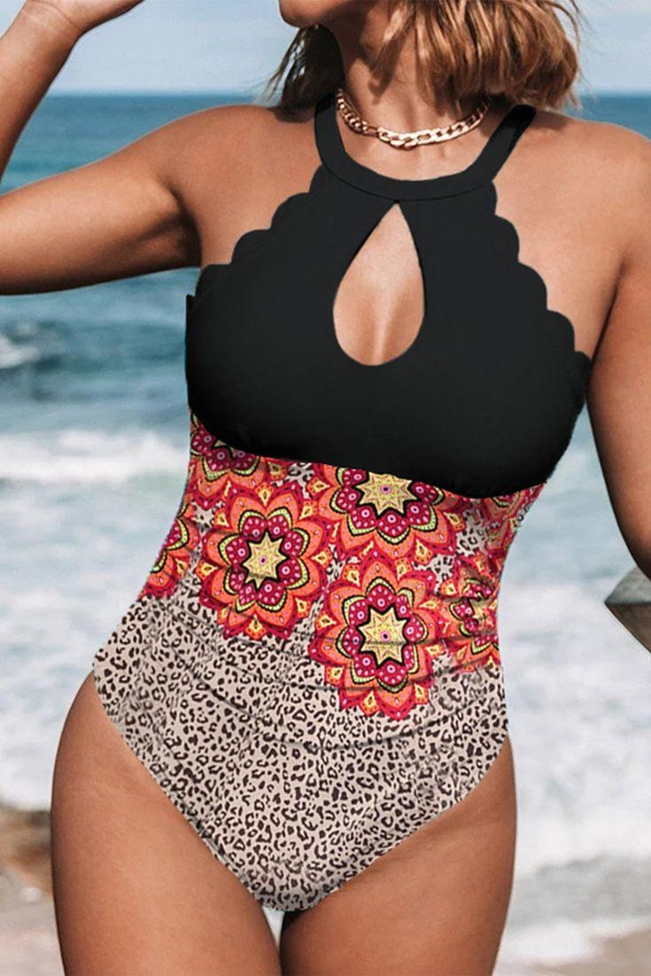 Halter Neck Scallop Trim Cutout Leopard Floral Color Block One-Piece  Swimsuit - Leopard / S / 85%Polyester+15%… in 2021 | One piece swimsuit  red, Women swimsuits, One piece