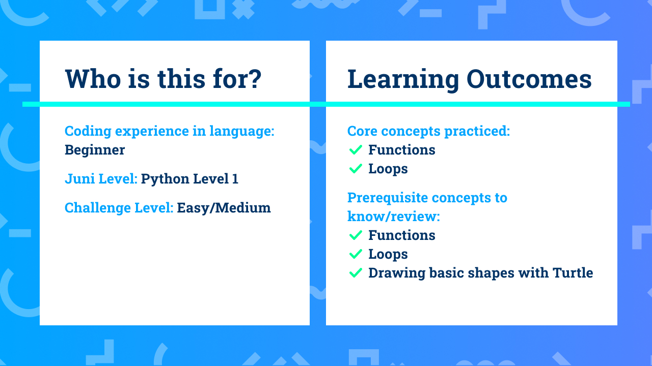 The learning outcomes for Beginner Python with Turtle coding project Zoom Bloom.