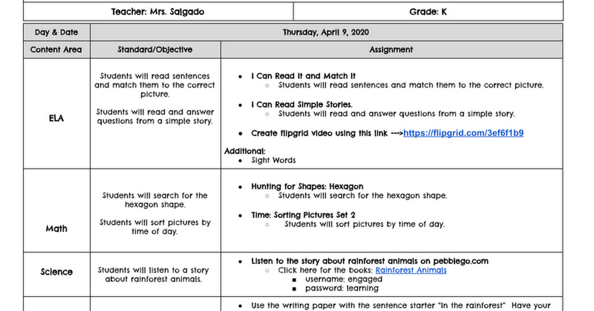 Salgado-Thursday 4/9 lesson plans