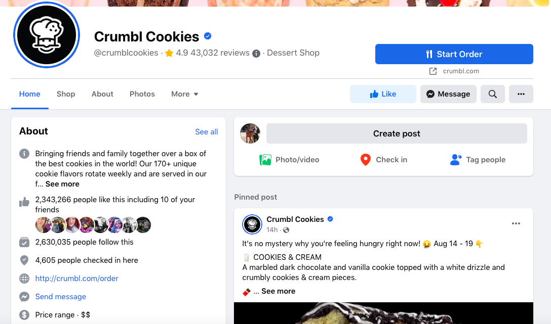 Página de Facebook da Crumbl Cookies