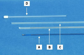Non-surgical embryo transfer equipment: A) stainless steel re-useable "insemination gun", B) plastic disposable "insemination gun", C) standard insemination pipette, and D) outer protective guard.