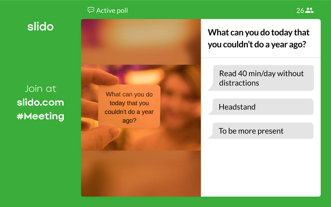 A screenshot of a Slido open text poll featuring an image from Unsplash