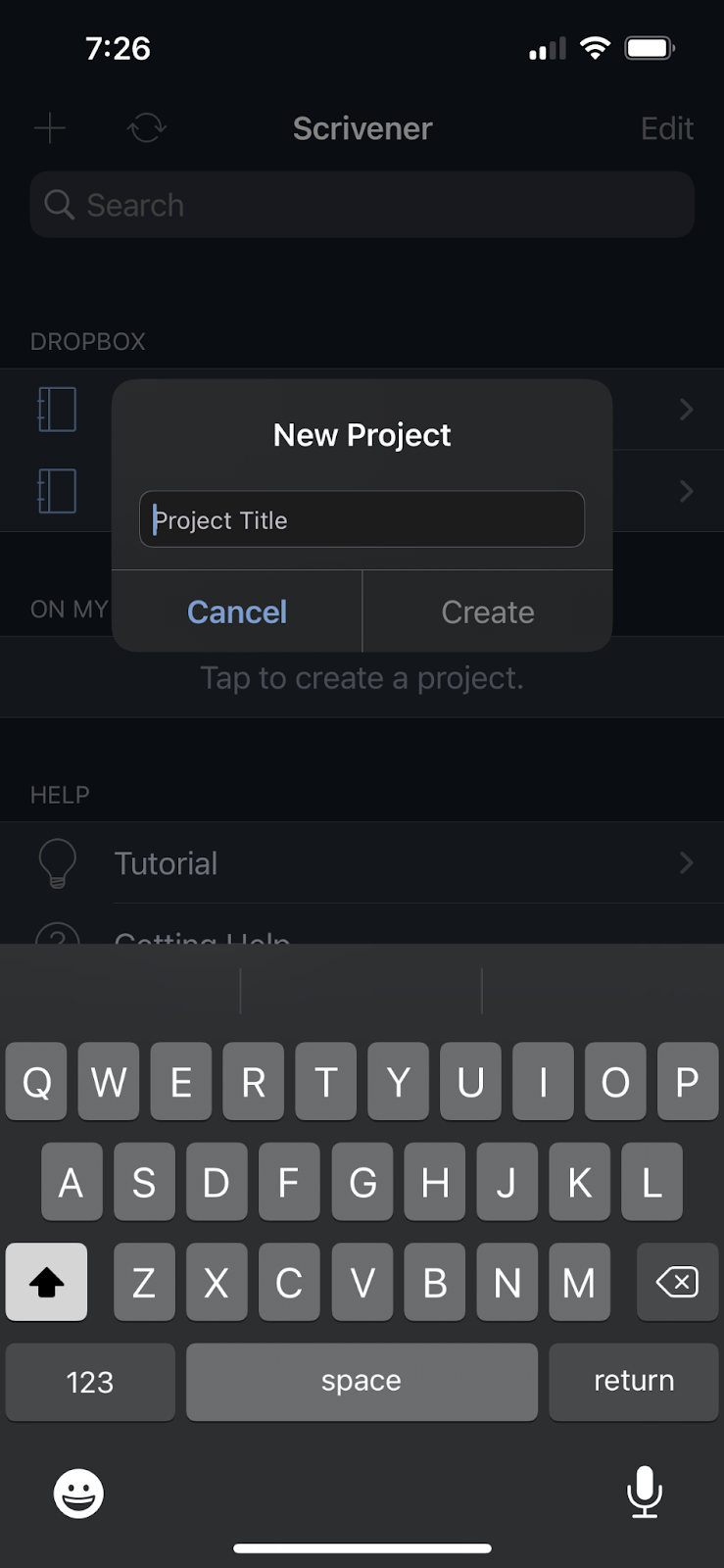 creating new project in scrivener for ios