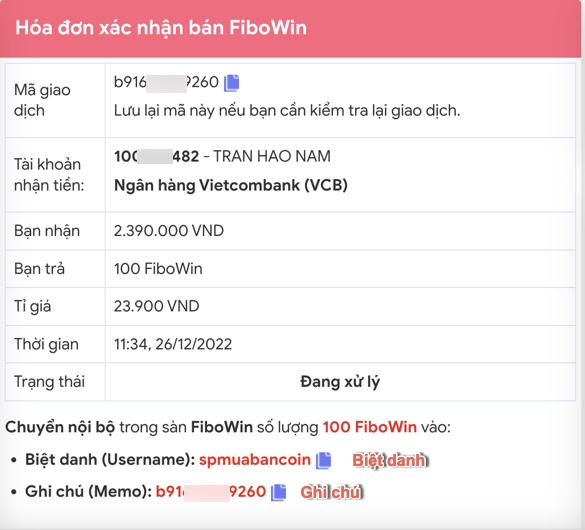 Chi tiết đơn hàng bán FiboWin