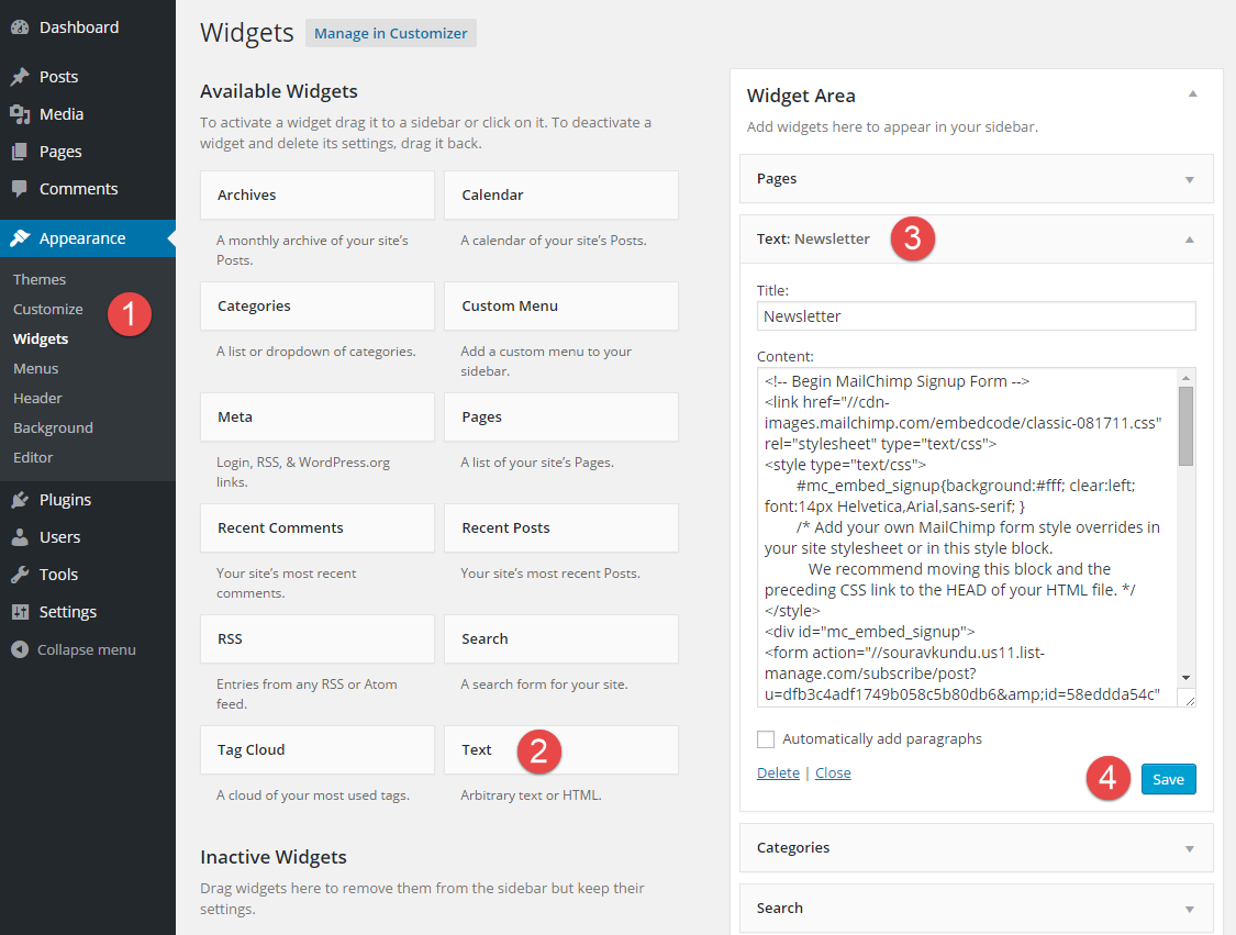 Sequência de etapas para incorporar o formulário de inscrição do MailChimp em um widget no WordPress