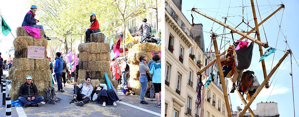 rebels wear bike helmets atop the 10ft towers of hay. A rebel smiles as he lies in a hammock atop a tripod.