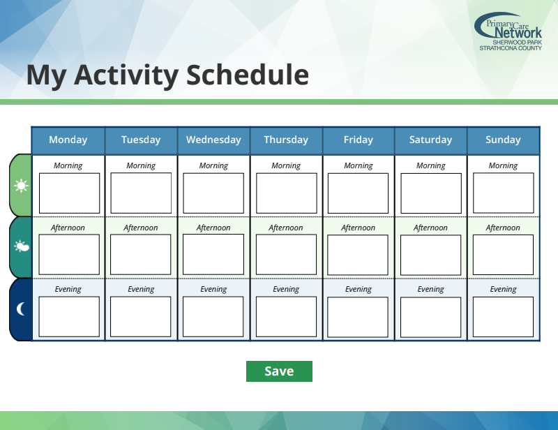 A screenshot from of a PDF exercise featuring a fillable activity schedule. For each day of the week, the learner can write in what they plan to do in the morning, afternoon, and evening.