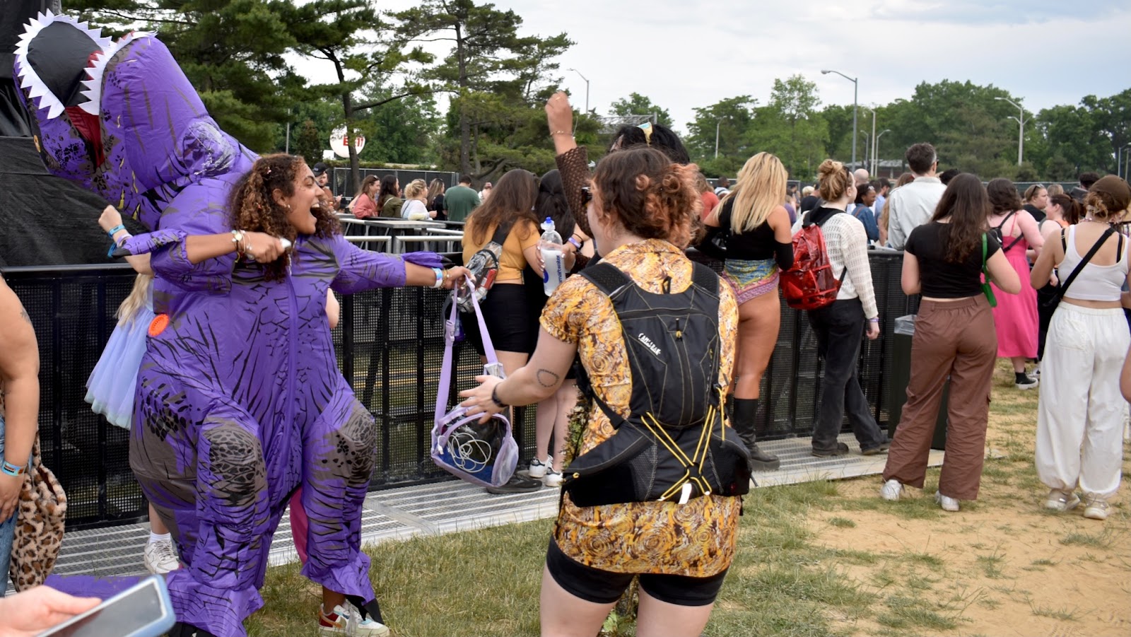A woman in a purple dinosaur costume dances with her friends at a daytime concert. 