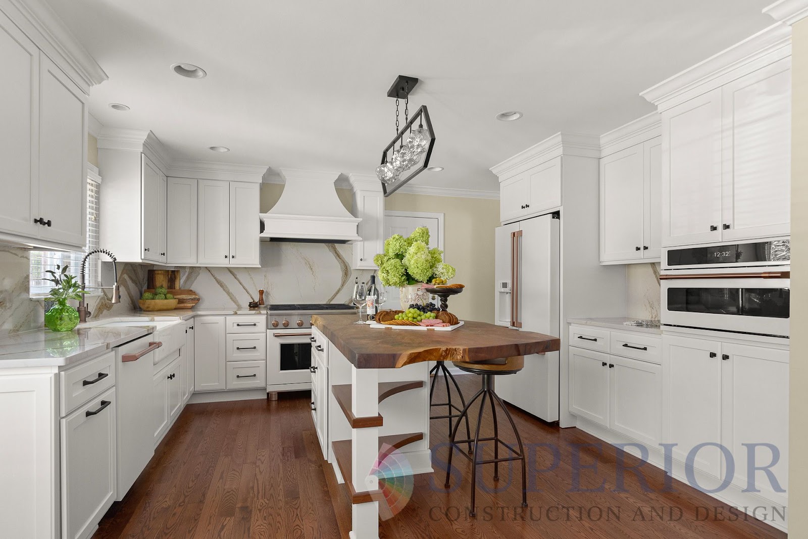 kitchen remodel live edge walnut island top cambria quartz counters white cabinetry