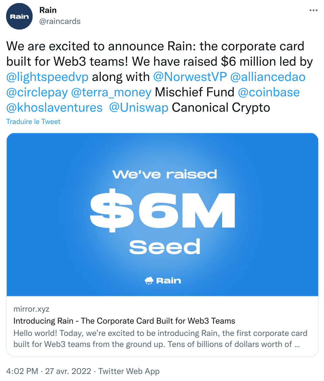 La startup Rain a levé 6 millions dollars pour doter les DAO d'une carte et de services dédiés à leurs besoins