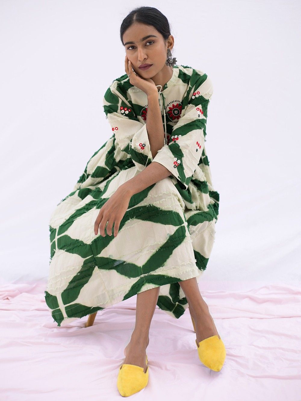 the loom - Off white green cotton dress