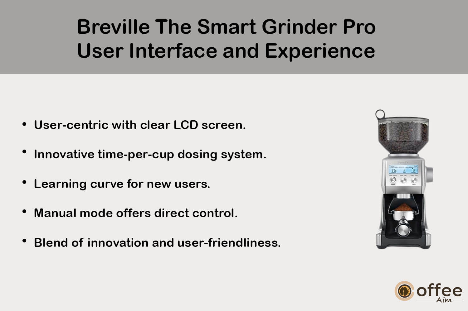 This image illustrates the intuitive user interface and seamless experience offered by the Breville Smart Grinder Pro BCG820BSSXL, as discussed in our comprehensive review of the product, titled "Breville The Smart Grinder Pro BCG820BSSXL Review." Explore the user-friendly design and interface that enhance your coffee grinding journey.
