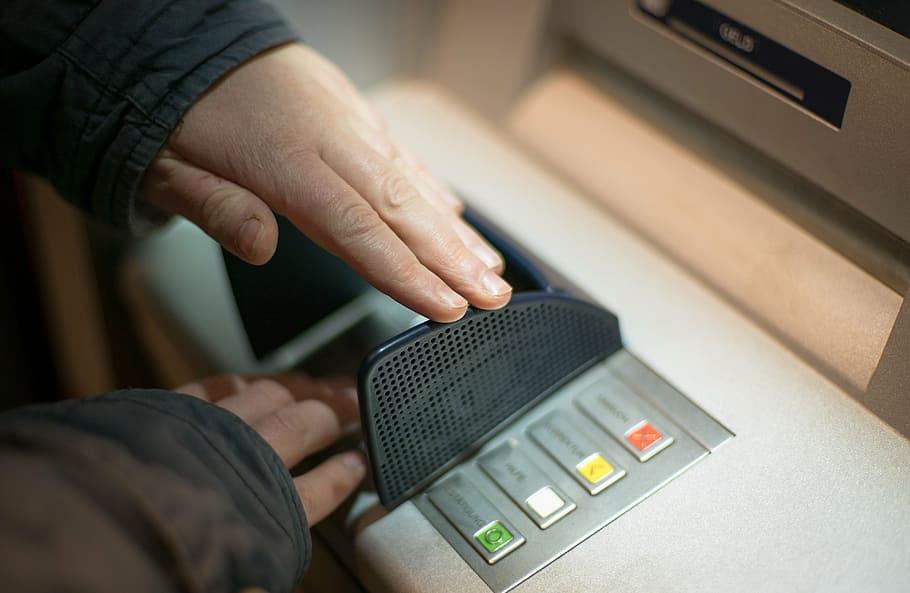 person, holding, gray, machine, scam, atm, security, bank, money, capital, assets, protection, play dough, certainty, seem, cash and cash equivalents, currency, clarity, euro crisis, bank note, coin, buttons, adult, adults only, people, selective focus, human body part, human hand, close-up, indoors, one person, technology, hand, body part, men, males, finance, pushing, finger, travel, communication, lifestyles, push button, inserting, human limb, 4K