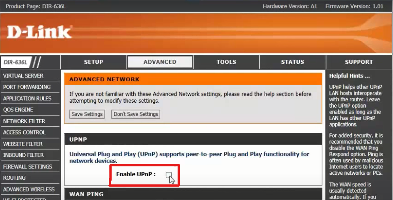 Screenshot of D-Link control panel UPnP settings