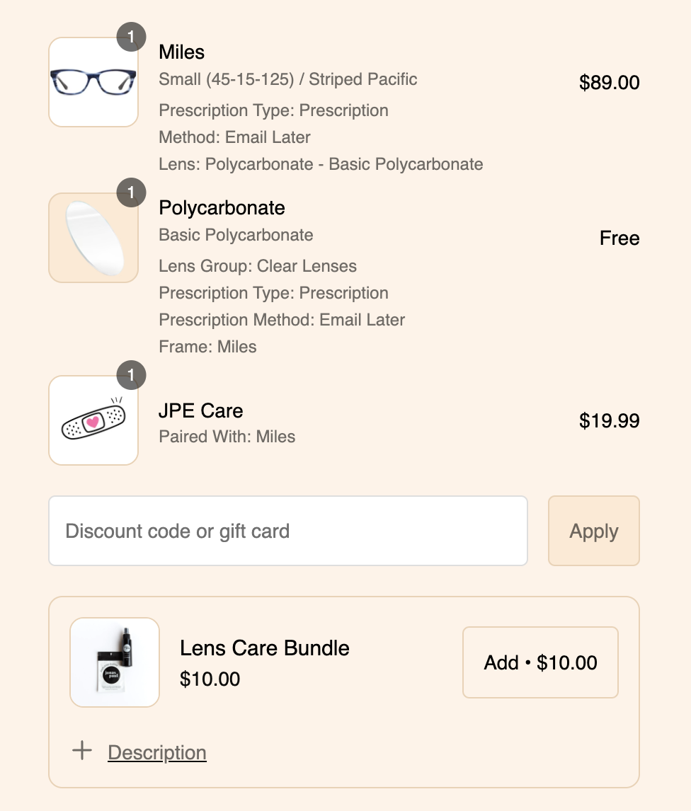 Screenshot of Jonas Paul's checkout page. There's an option to add a Lens Care Bundle for $10.
