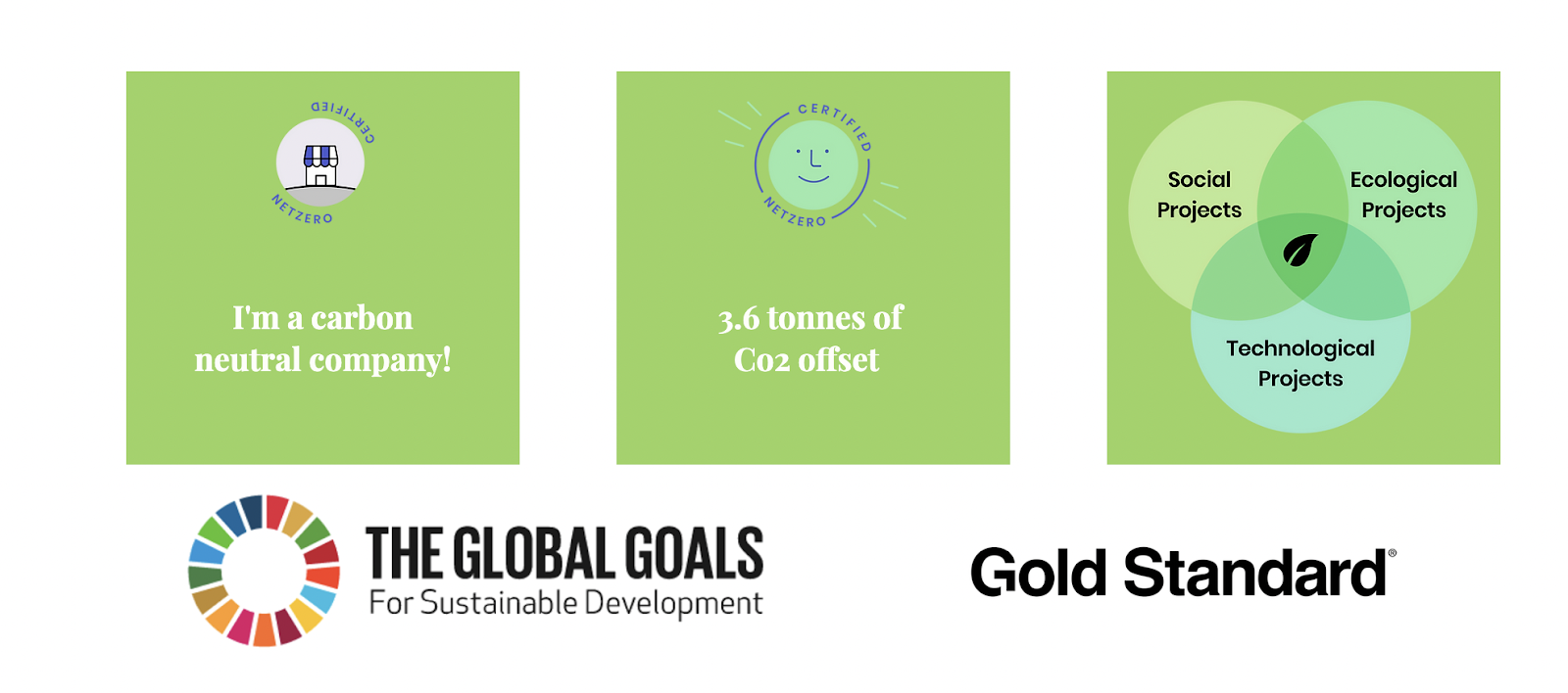 Ecommerce emissions reductions–A screenshot showing various sustainability certifications on an ecommerce brand’s website including: The Global Goals for Sustainable Development and the Gold Standard. 