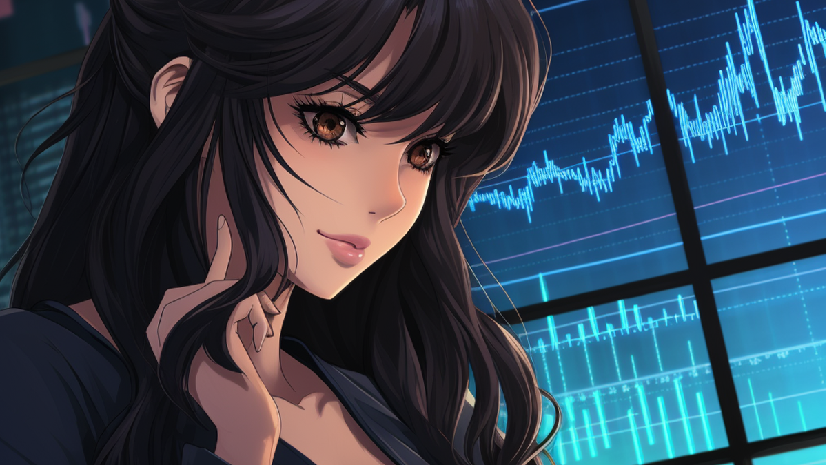 animated girl with trading screen on her background