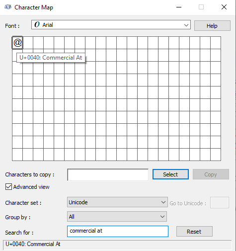 searching for At symbol in Character Map view