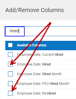 Hired checkbox options