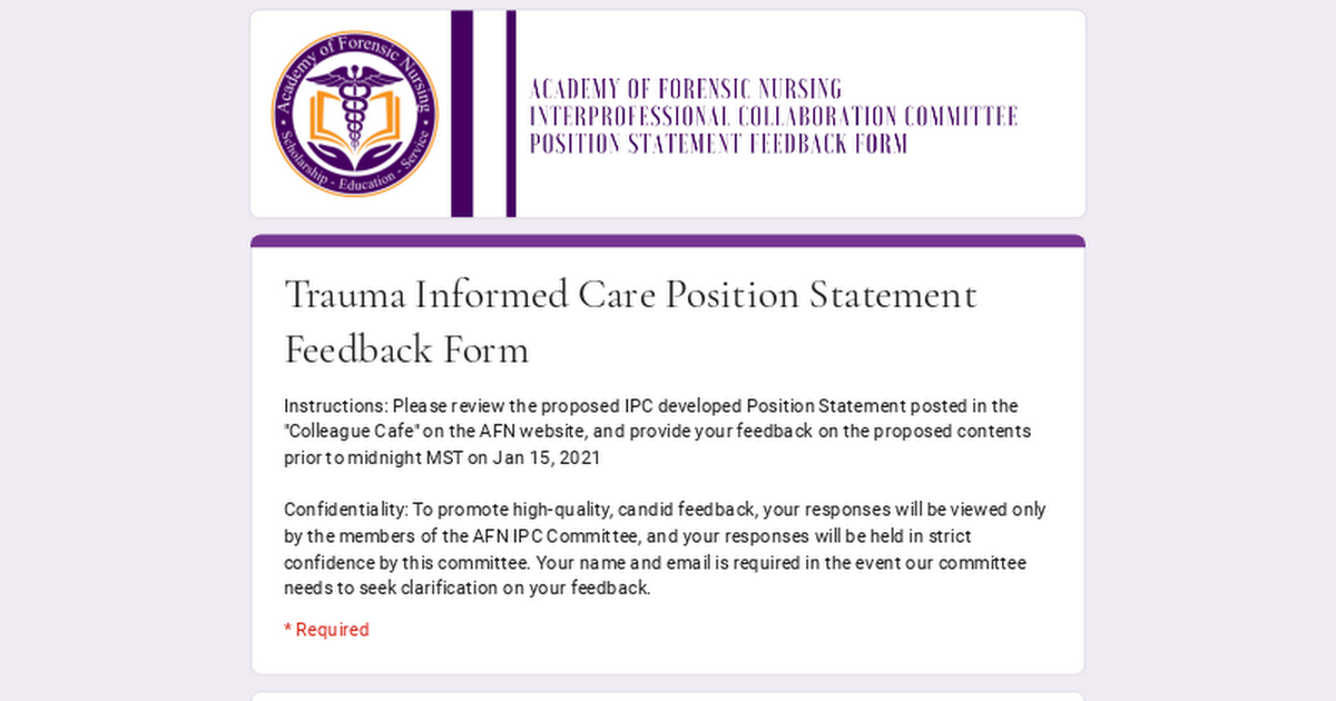 Trauma Informed Care Position Statement Feedback Form