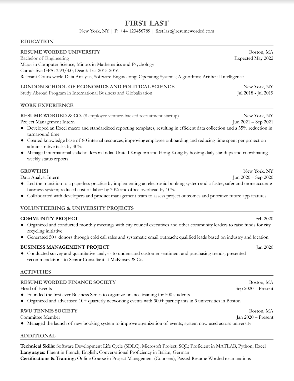 Example of how to organize an entry level resume