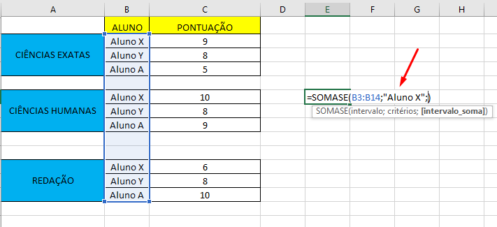 Critérios para soma no excel das notas do ALUNO X