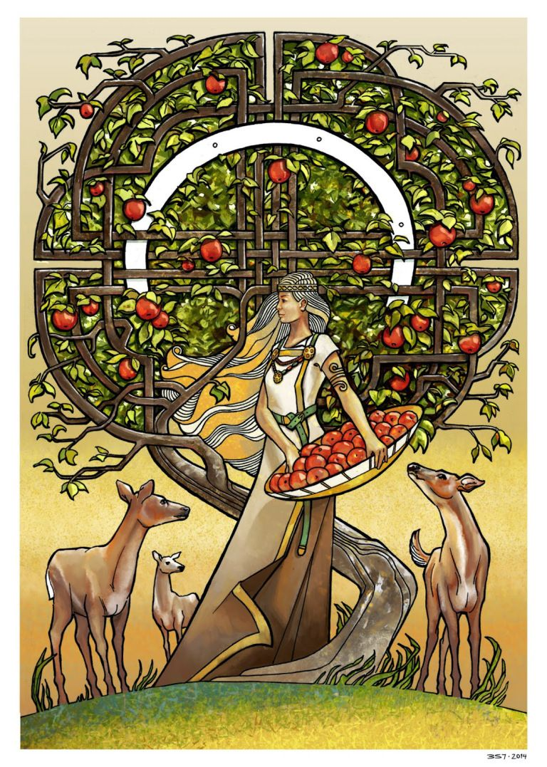 This is an illustration of Idun holding a basket of red apples while standing under an apple tree. Three deer are standing near her beneath the tree.