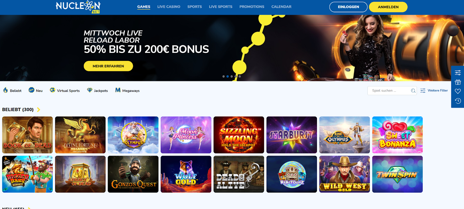 Startseite des Online-Casinos Nucleonbet
