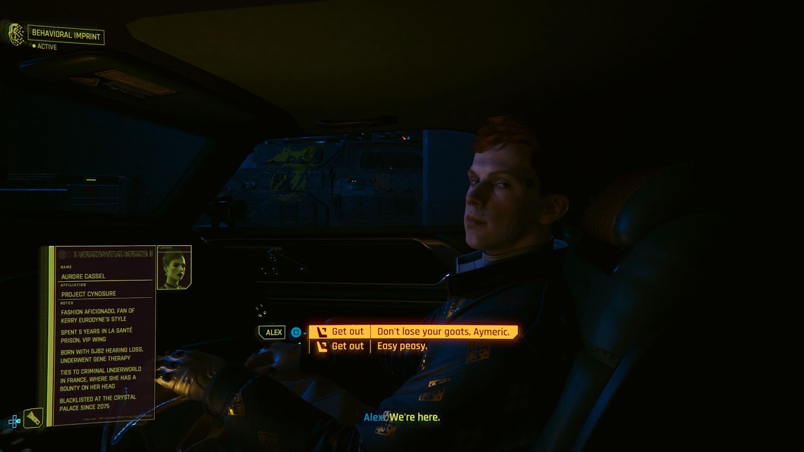 An in game image of Alex in disguise as Aymeric Cassel from the game Cyberpunk 2077.