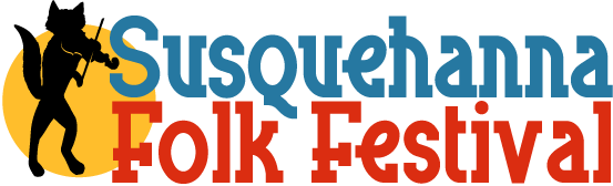 Logo for the Susquehanna Folk Festival.  The words are in two rows, with “Susquehanna” in teal and “Folk Festival” below it in red To the left is a gold disc representing the sun or the moon, and superimposed on that is a silhouette of a stylized fox standing upright and playing a fiddle.