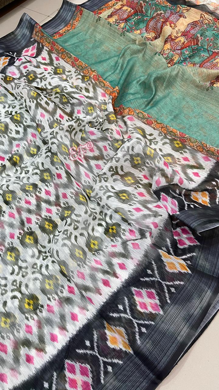 Smooth Blended Ikkat Printed Linen Sarees