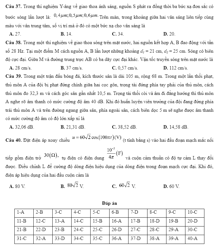Trong thí nghiệm Y-âng về giao thoa ánh sáng, nguồn S phát ra đồng thời ba bức xạ đơn sắc có bước sóng lần lượt là: Trên màn, trong khoảng giữa hai vân sáng liên tiếp cùng màu với vân trung tâm, số vị trí mà ở đó có một bức xạ cho vân sáng là 	A. 27.	B. 14.	C. 34.	D. 20. Câu 38. Trong một thí nghiệm về giao thoa sóng trên mặt nước, hai nguồn kết hợp A, B đao động với tần số 28 Hz. Tại một điểm M cách nguồn A, B lần lượt những khoảng d1 = 21 cm, d2 = 25 cm. Sóng có biên độ cực đại. Giữa M và đường trung trực AB có ba dãy cực đại khác. Vận tốc truyền sóng trên mặt nước là 	A. 28 cm/s.	B. 37 cm/s.	C. 0,57 cm/s.	D. 112 cm/s. Câu 39. Trong một trận đấu bóng đá, kích thước sân là dài 105 m, rộng 68 m. Trong một lần thổi phạt, thủ môn A của đội bị phạt đứng chính giữa hai cọc gôn, trọng tài đứng phía tay phải của thủ môn, cách thủ môn đo 32,3 m và cách góc sân gần nhất 10,5 m. Trọng tài thổi còi và âm đi đẳng hướng thì thủ môn A nghe rõ âm thanh có mức cường độ âm 40 dB. Khi đó huấn luyện viên trưởng của đội đang đứng phía trái thủ môn A và trên đường ngang giữa sân, phía ngoài sân, cách biên dọc 5 m sẽ nghe được âm thanh có mức cường độ âm có độ lớn xấp xỉ là 	A. 32,06 dB.	B. 21,31 dB.	C. 38,52 dB.	D. 14,58 dB. Câu 40. Đặt điện áp xoay chiều (t tính bằng s) vào hai đầu đoạn mạch mắc nối tiếp gồm điện trở  tụ điện có điện dung  và cuộn cảm thuần có độ tự cảm L thay đổi được. Điều chỉnh L để cường độ dòng điện hiệu dụng của dòng điện trong đoạn mạch cực đại. Khi đó, điện áp hiệu dụng của hai đầu cuộn cảm là