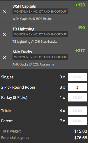 Round Robins: Three-Team NHL Round Robin - Washington Capitals, Tampa Bay Lightning, & Anaheim Ducks (DraftKings)
