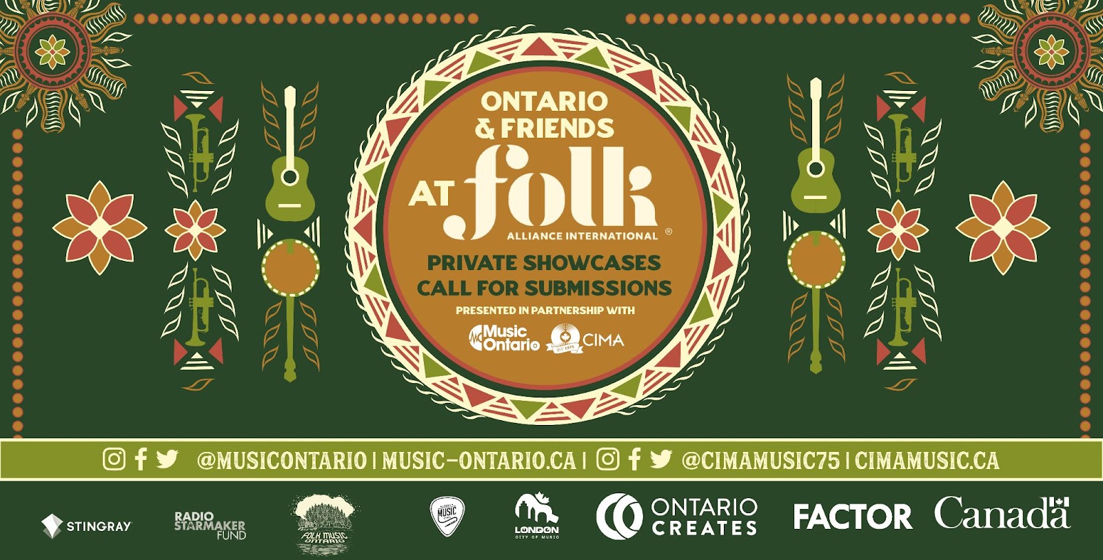 Dark green poster with images of flowers, guitars, and trumpets. Text reads: Ontario & Friends at Folk Alliance International. Private Showcase Call for Submissions. Presented in Partnership with Musica Ontario and Canadian Independent Music Association.