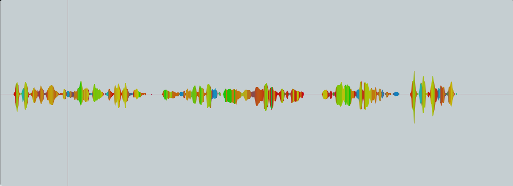 A waveform of a short audio file. It is multicolored, and consists of several small peaks; looks very quiet and small within a larger space. The background is grey.