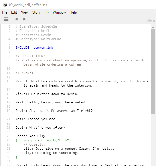A screenshot of one of our scene files, open in the Inky editor, displaying several lines of a scene, including some logic that checks if Casey is present, which causes some additional dialogue to occur.