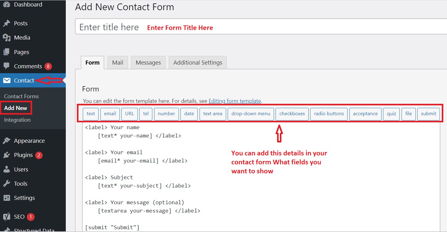 Creating a new contact form in WordPress.