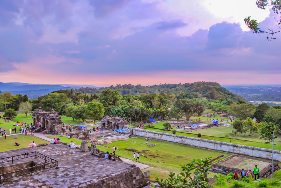 Ratu Boko Palace – clockwise from left – Candi Pembakaran, iconic gates of Ratu Boko, terrace walls and stone pedestal.