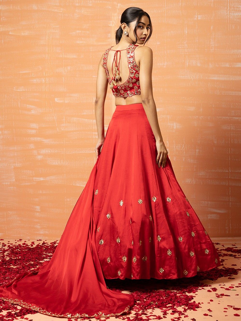 the loom - Red Hand Embroidered Modal Silk Lehenga