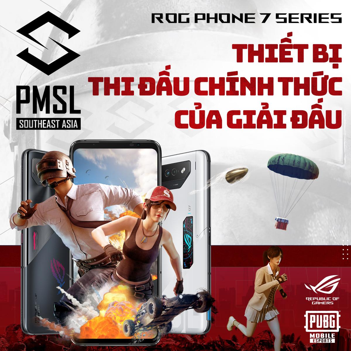 May be an image of 3 people, phone and text that says 'ROG PHONE 7 SERIES THIẾT BỊ PMSL THI ĐẦU CHÍNH THỨC SOUTHEAST ASIA CỦA GIẢI ĐẦU REPUBLID OF PUBG MOBILE ESPORTS'