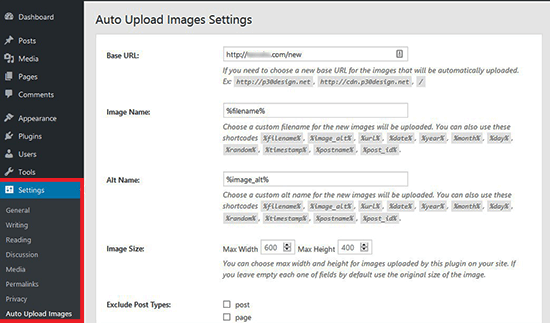 Configurações de imagem de upload automático