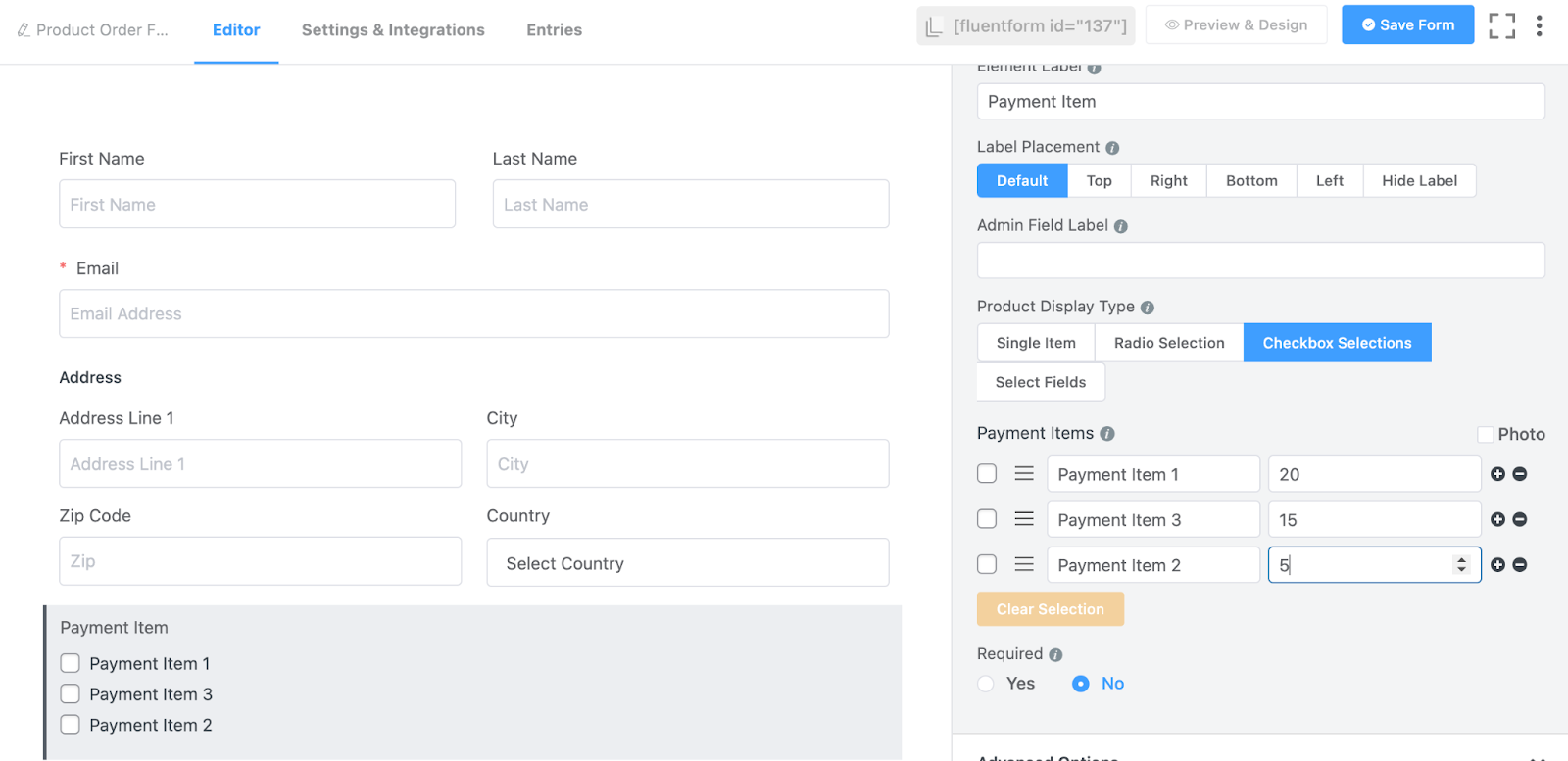 payment items, fluent forms