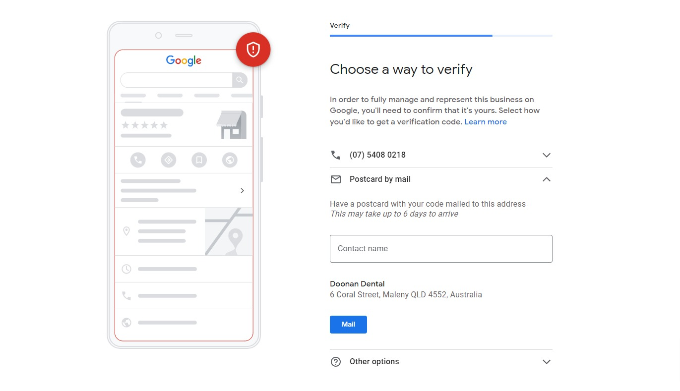 Google my business verification page
