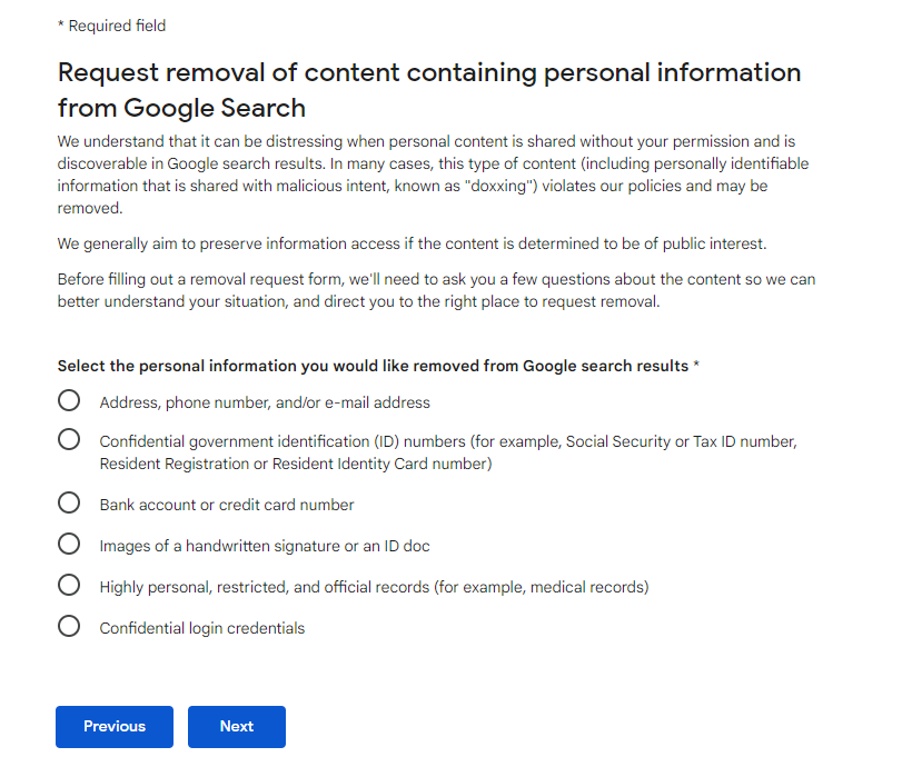 "Request personal content removal from Google Search" form - selecting personal information you want to be removed section