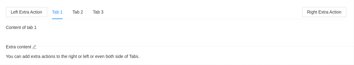 Three horizontablly positioned tabs on the same line. On the same visual line there button Left Extra Action on the left of tabs and Right Extra Action on the right of tabs.