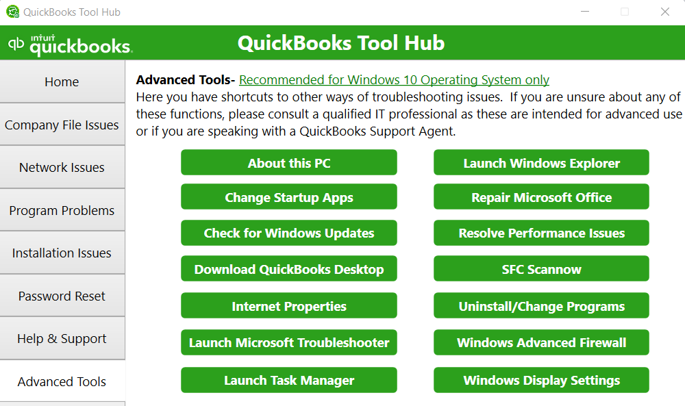 Advanced Tools Tab of QuickBooks Tool Hub